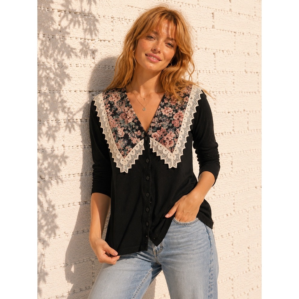 Vintage‎ Brittany Nicole Black Floral Lace Collar Cardigan Sweater Cottagecore M